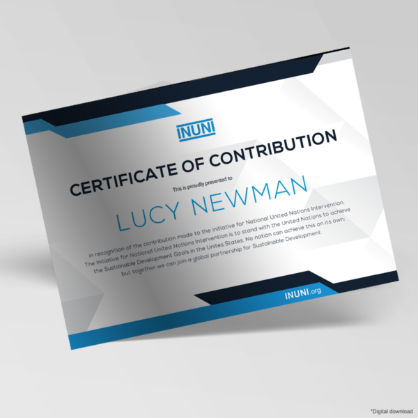 Certificate awarded to a Contributor to the Initiative for National United Nations Intervention
